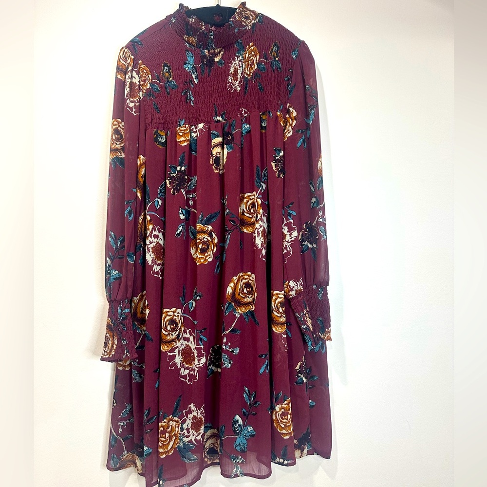 Burgundy Floral Long Sleeve Dress